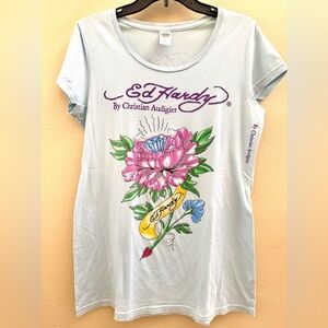 Pre-loved Ed Hardy Women's Tee - Powder Blue Size L 100% Cotton Made in the USA